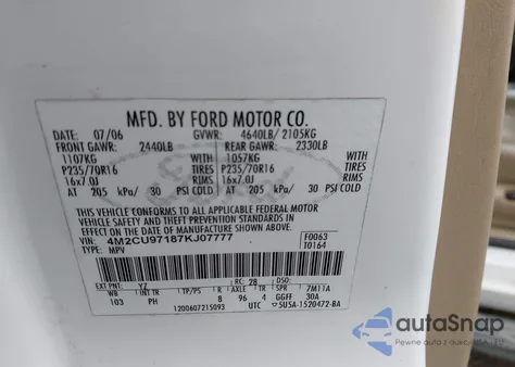 2007 Mercury Mariner Premier z USA, uszkodzony, nr VIN 4M2CU97187KJ07777